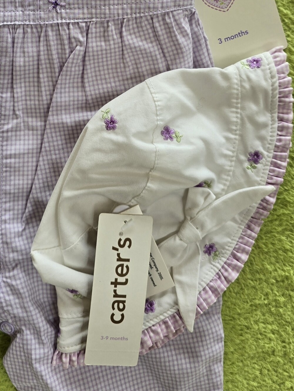 NWT  0-3M Baby GIRLS Lilac Gingham Embroidered OVERALLS TOP + HAT SET (Q1) - Picture 3 of 5